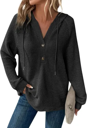 Womens Long Sleeve Hoodies 2024 Drawstring Sweatshirt Loose Button Comfy V-Neck Top Dressy Daily Clothes