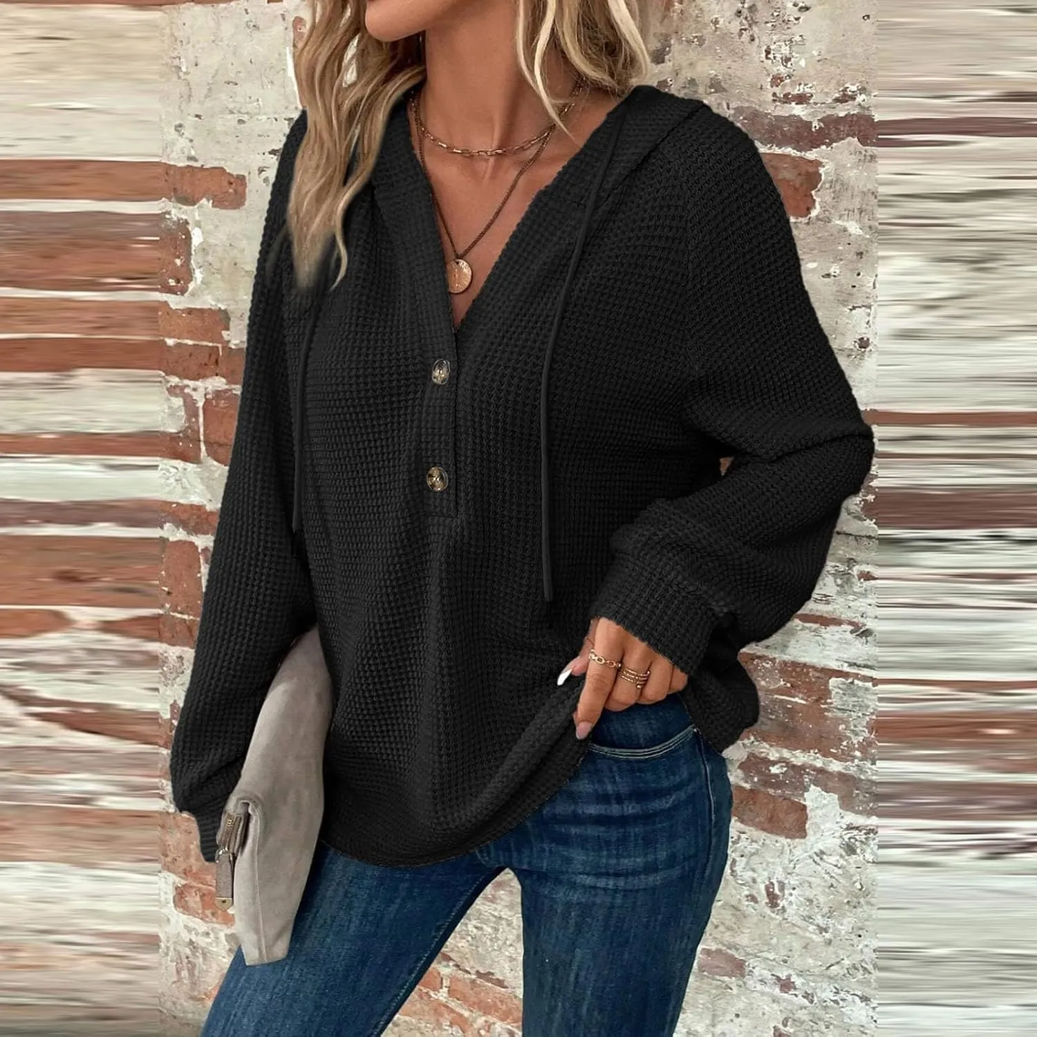 Womens Long Sleeve Hoodies 2024 Drawstring Sweatshirt Loose Button Comfy V-Neck Top Dressy Daily Clothes