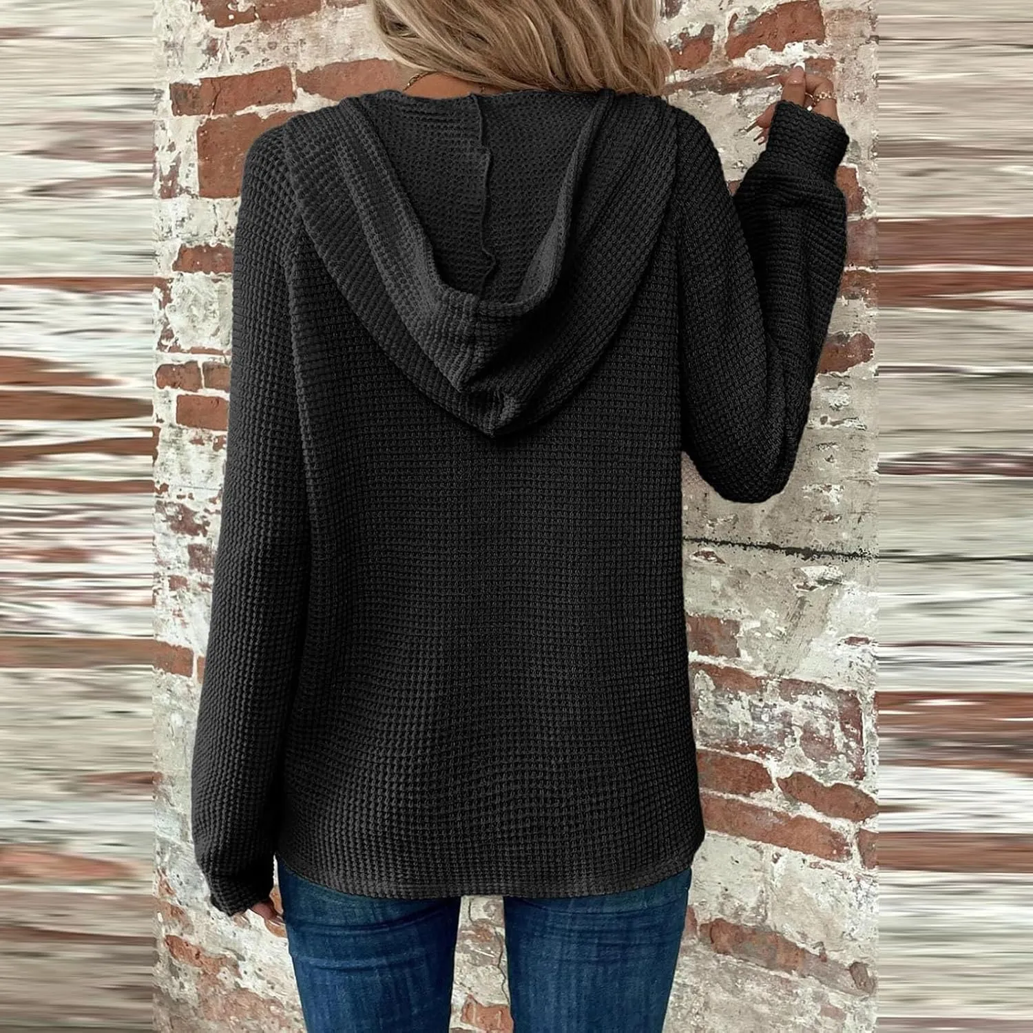 Womens Long Sleeve Hoodies 2024 Drawstring Sweatshirt Loose Button Comfy V-Neck Top Dressy Daily Clothes