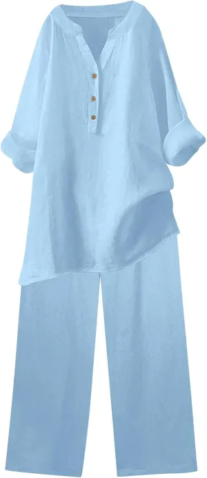Women's Loungewear Sets Lightweight Casual Shirts Oversized V Neck Tops Wide Leg Pants Set Lounge Outfits Plus Size