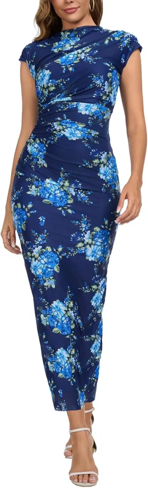 Women's Mock Neck Ruched Floral Mesh Bodycon Maxi Dress Cap Sleeve Tight Fitted Curvy Cocktail Club Party Dresses
