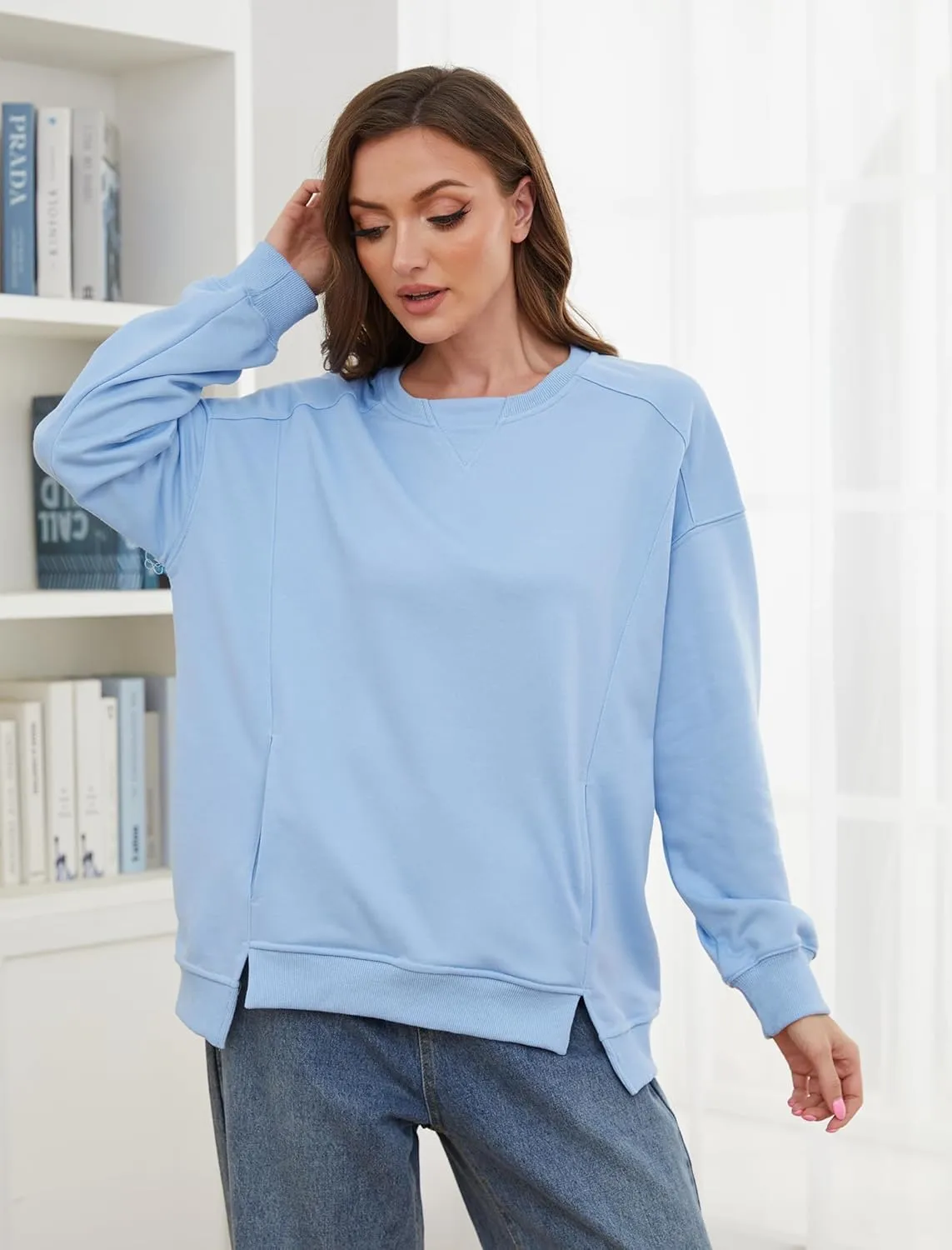 Womens Oversized Sweatshirts Long Sleeve Loose Fit Solid Color Pullover Tops Casual Comfy Fall Fashion Clothes 2024