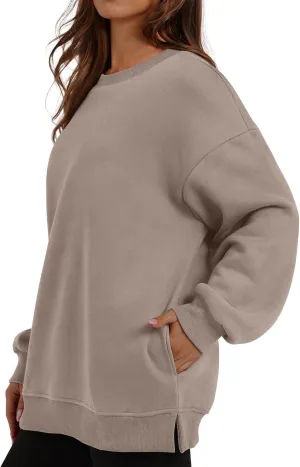 Womens Oversized Sweatshirts Side Slit Crewneck Long Sleeve Tops Loose Pullover 2024 Fall Women Extra