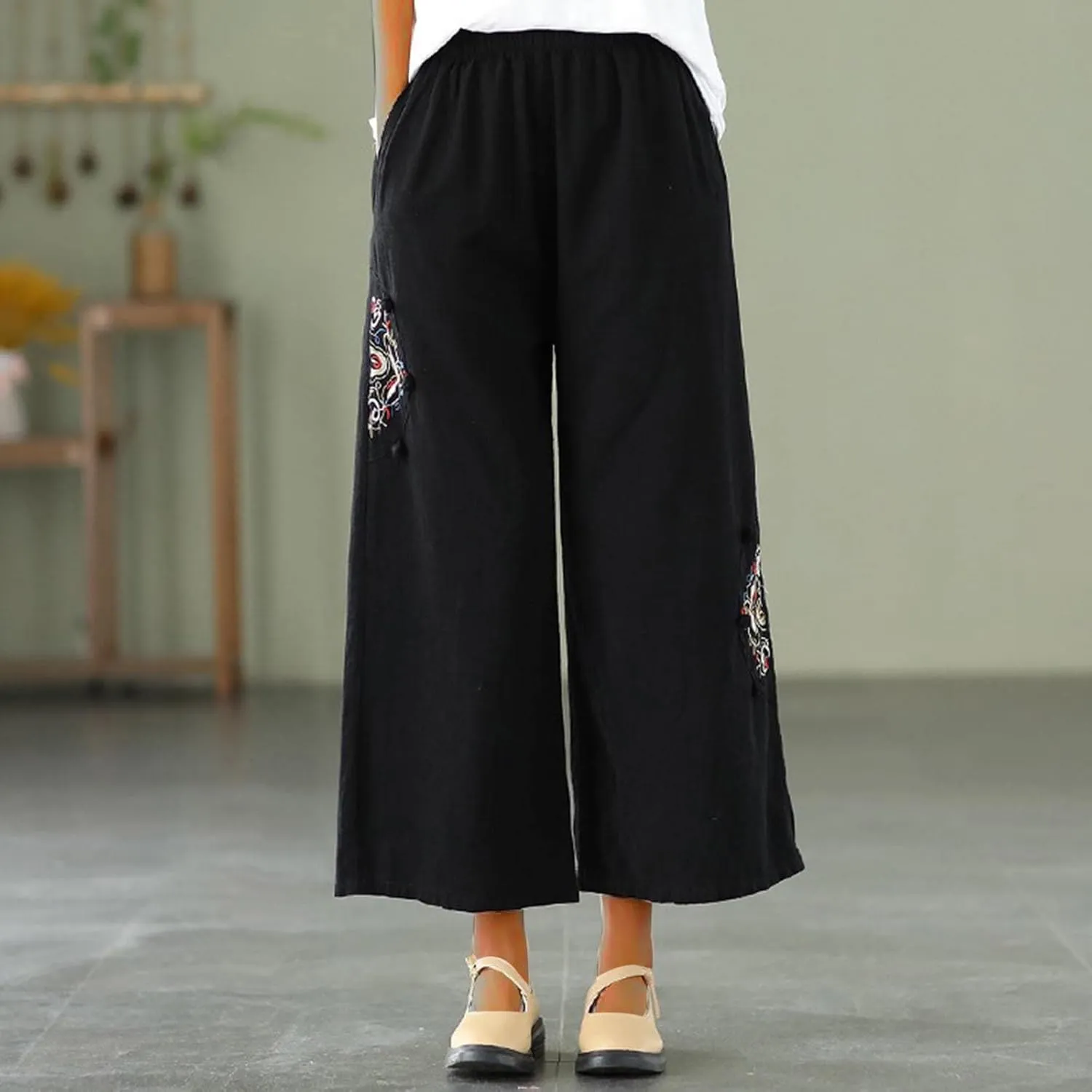Women's Palazzo Pants Casual Plus Size Linen Wide Leg Pants Baggy Ankle Length Floral Embroidered Pants with Pockets