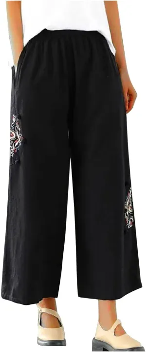 Women's Palazzo Pants Casual Plus Size Linen Wide Leg Pants Baggy Ankle Length Floral Embroidered Pants with Pockets