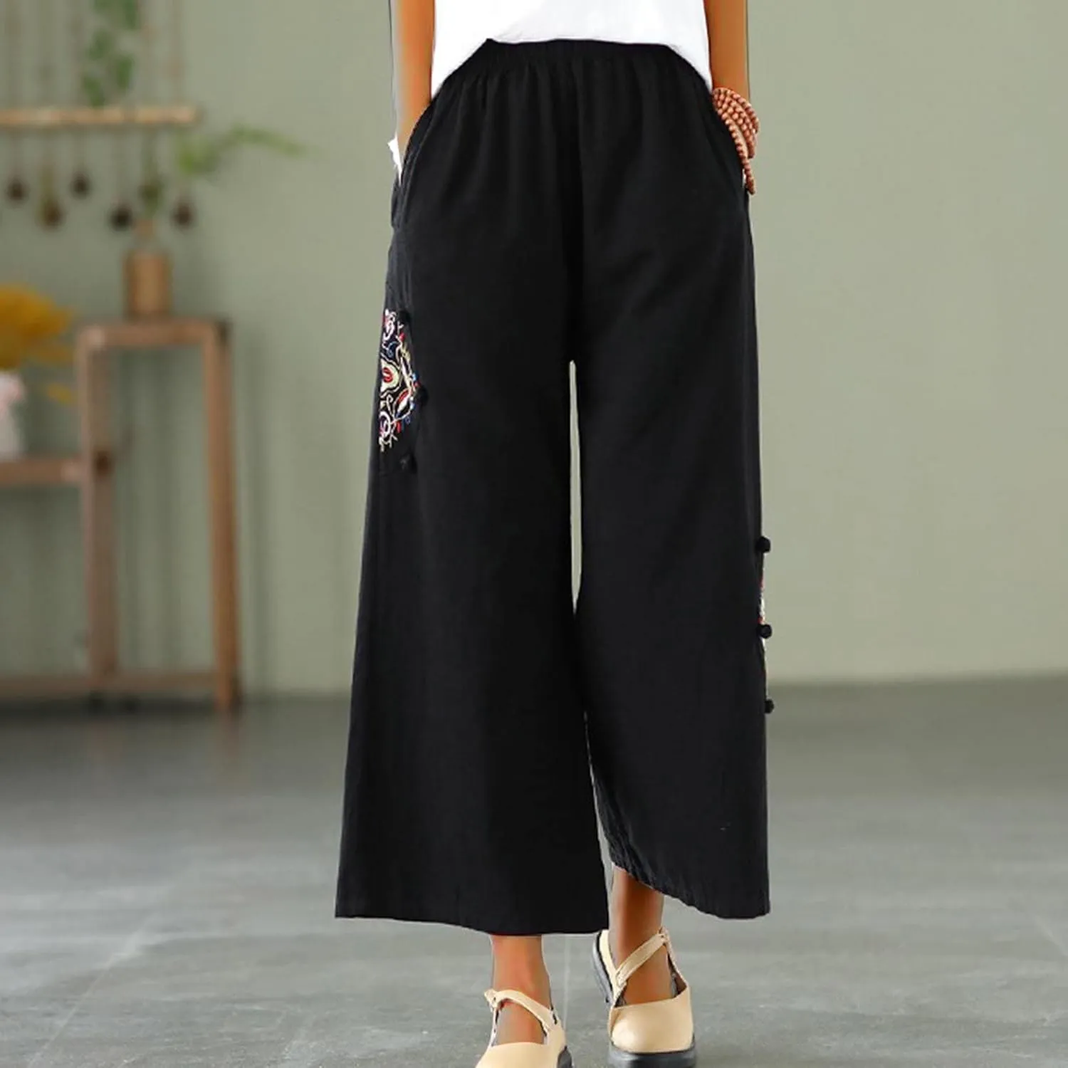 Women's Palazzo Pants Casual Plus Size Linen Wide Leg Pants Baggy Ankle Length Floral Embroidered Pants with Pockets