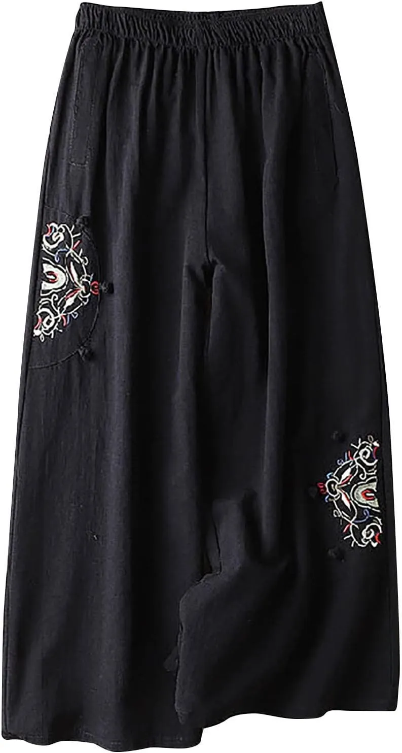 Women's Palazzo Pants Casual Plus Size Linen Wide Leg Pants Baggy Ankle Length Floral Embroidered Pants with Pockets
