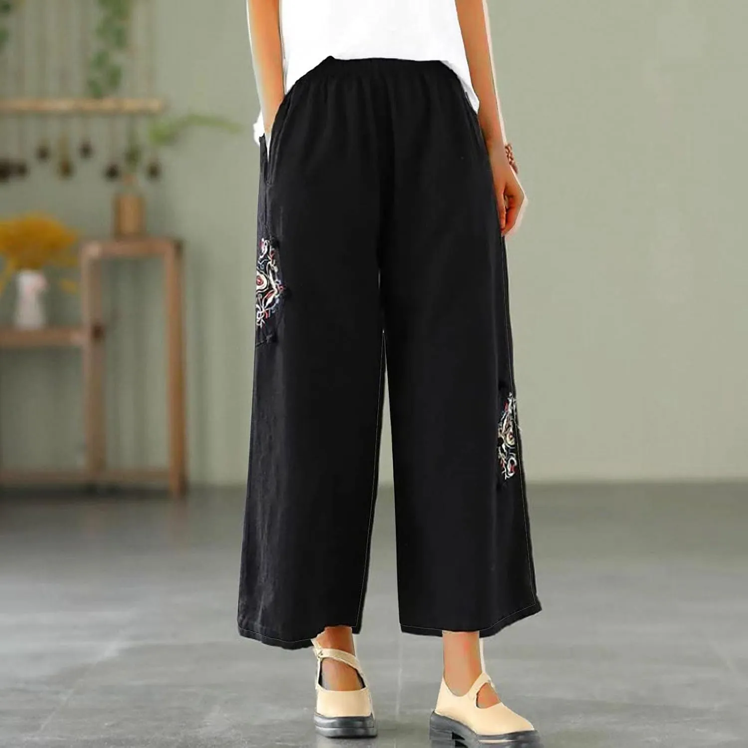 Women's Palazzo Pants Casual Plus Size Linen Wide Leg Pants Baggy Ankle Length Floral Embroidered Pants with Pockets