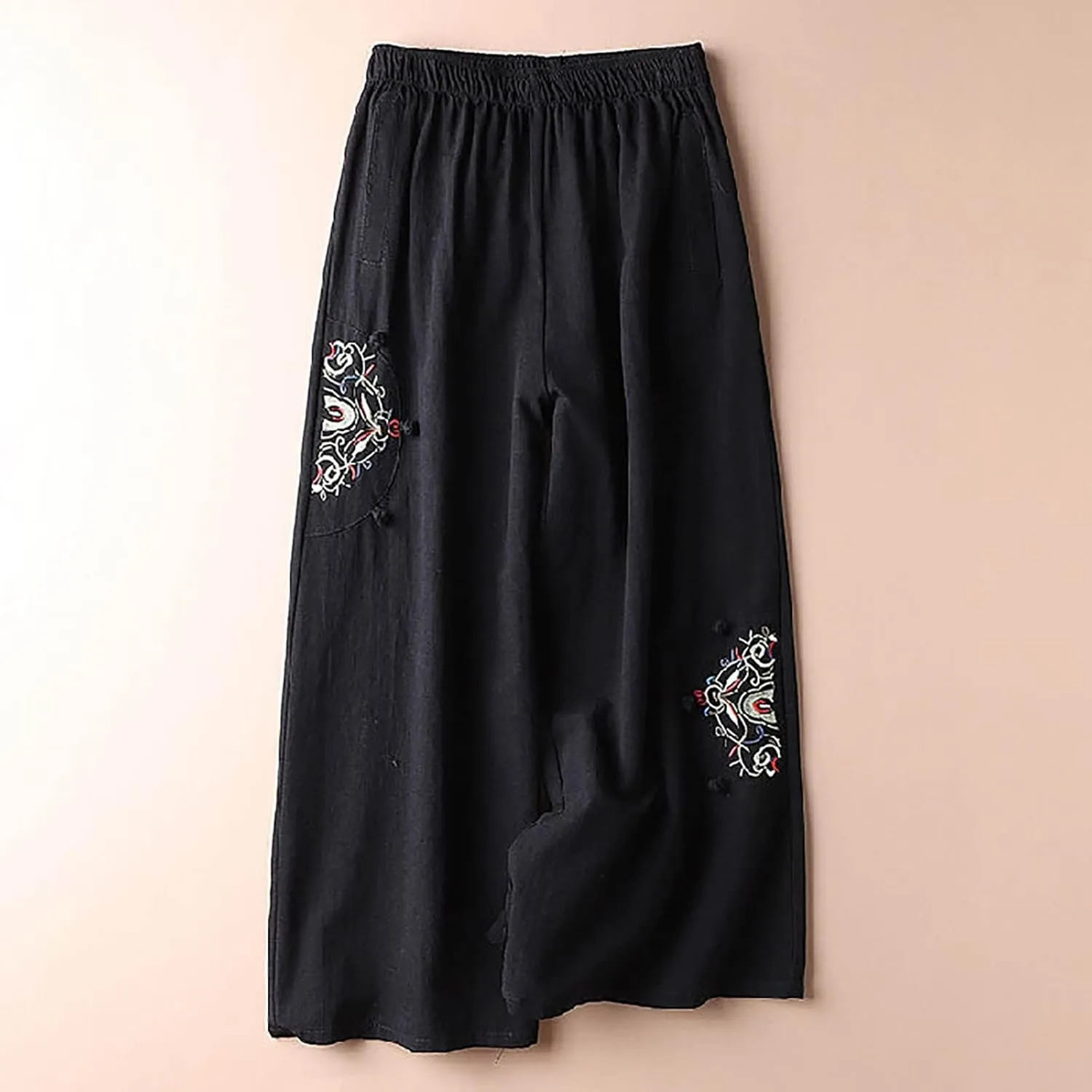 Women's Palazzo Pants Casual Plus Size Linen Wide Leg Pants Baggy Ankle Length Floral Embroidered Pants with Pockets