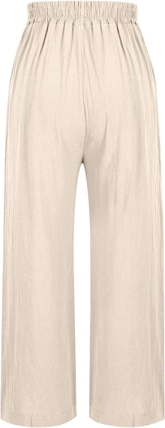 Womens Pants Embroidery Decoration Cotton and Linen Elastic Waist Pants Solid Summer Loose Cropped Wide Leg Trousers