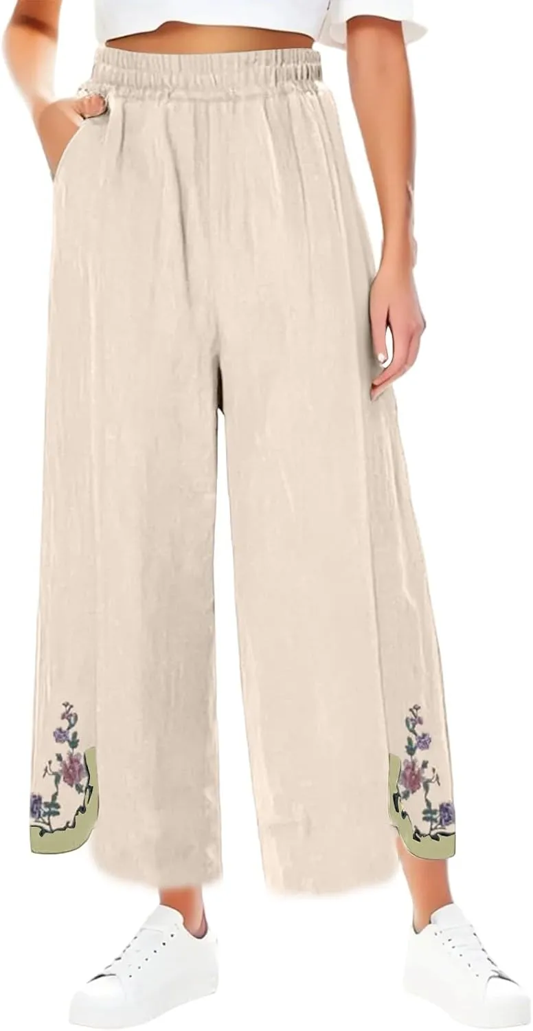 Womens Pants Embroidery Decoration Cotton and Linen Elastic Waist Pants Solid Summer Loose Cropped Wide Leg Trousers