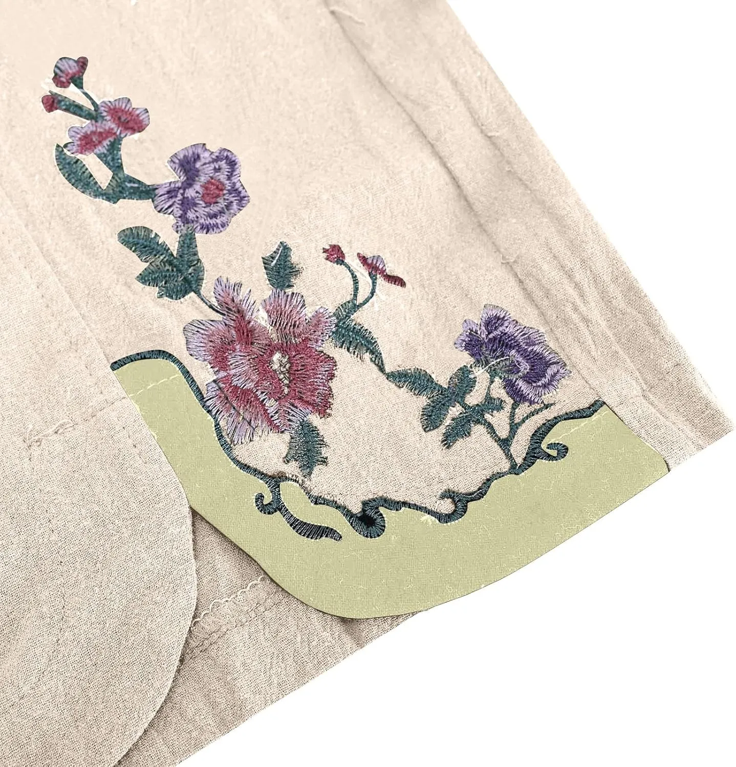 Womens Pants Embroidery Decoration Cotton and Linen Elastic Waist Pants Solid Summer Loose Cropped Wide Leg Trousers