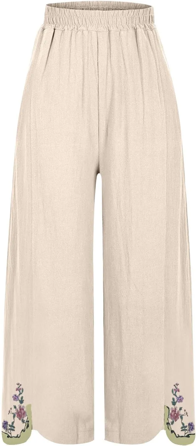 Womens Pants Embroidery Decoration Cotton and Linen Elastic Waist Pants Solid Summer Loose Cropped Wide Leg Trousers