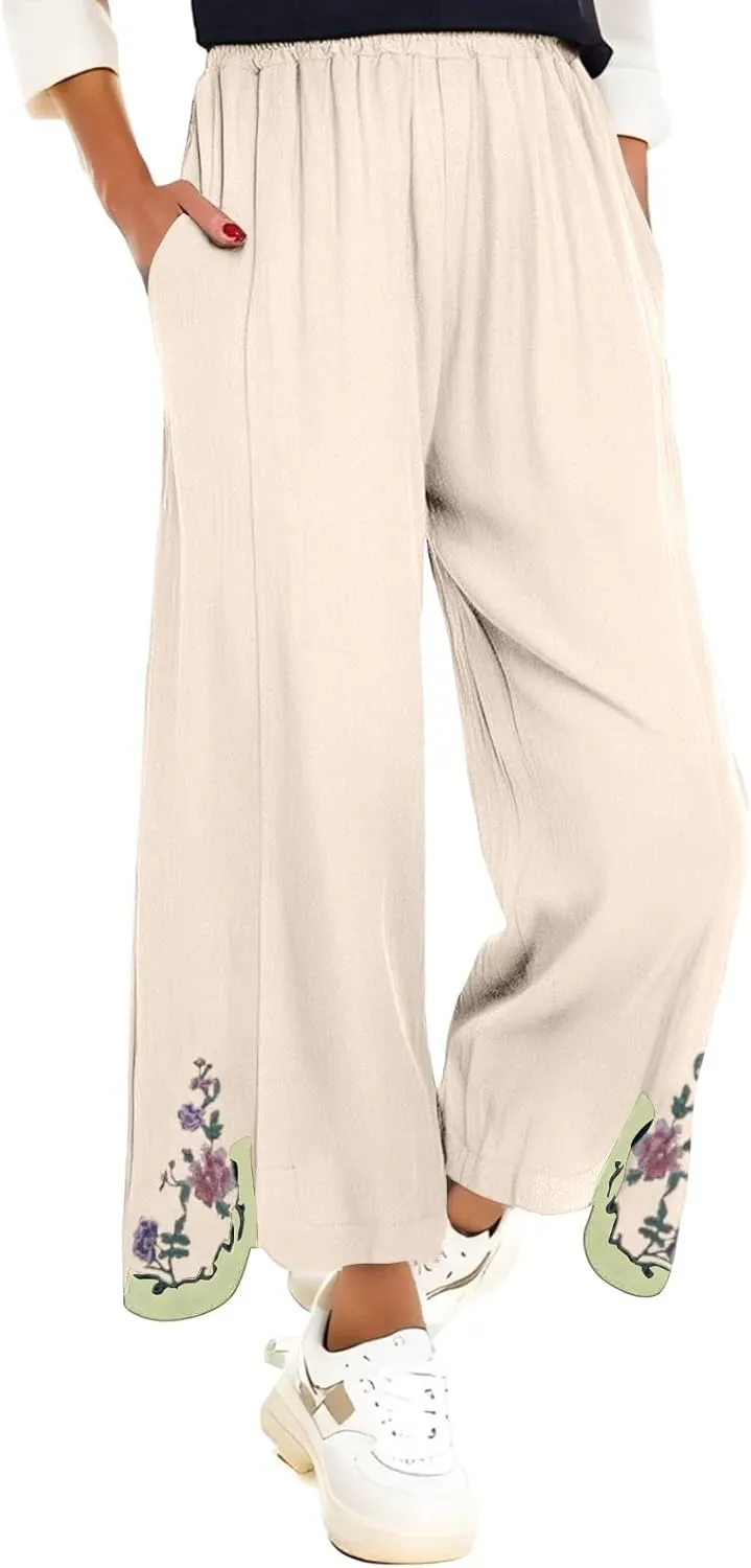 Womens Pants Embroidery Decoration Cotton and Linen Elastic Waist Pants Solid Summer Loose Cropped Wide Leg Trousers
