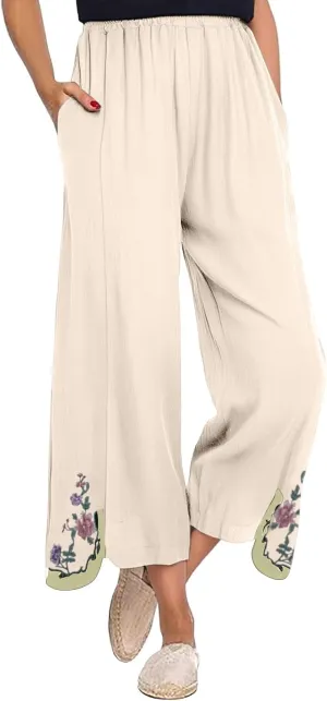 Womens Pants Embroidery Decoration Cotton and Linen Elastic Waist Pants Solid Summer Loose Cropped Wide Leg Trousers