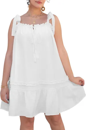 Womens Plus Size Mini Dress for Curvy Women Sleeveless Tie Shoulder Loose Ruffle Open Back Smocked Dress