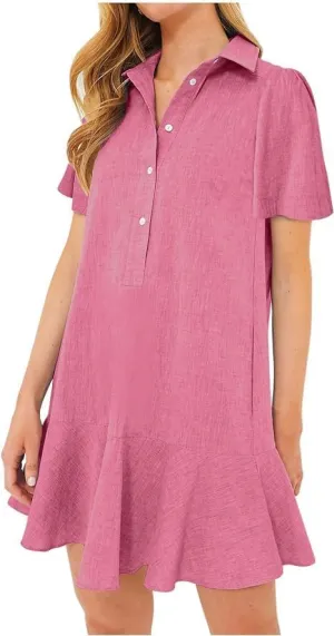 Womens Short Sleeve Shirt Dress Button Down Collared Ruffle Hem Casual Summer Mini Dress