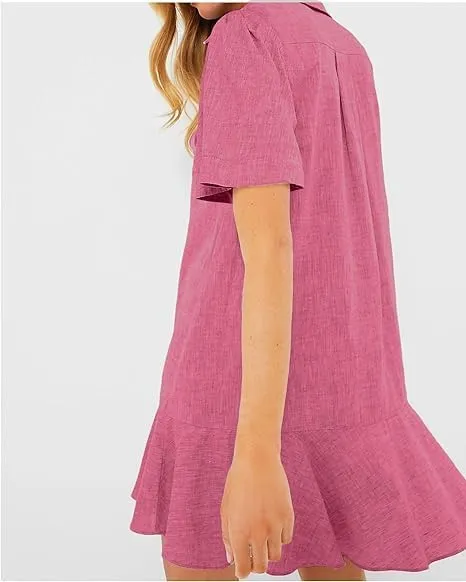 Womens Short Sleeve Shirt Dress Button Down Collared Ruffle Hem Casual Summer Mini Dress
