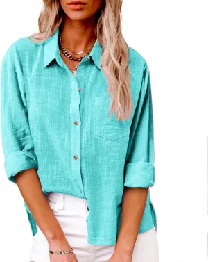 Women's Striped Button Up Blouse Trendy Business Tops Dressy Soft Cotton Linen Tops Casual Long Sleeve Tops Fall Shirt