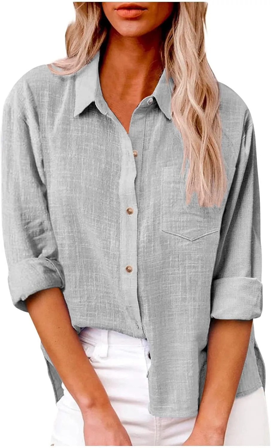 Women's Striped Button Up Blouse Trendy Business Tops Dressy Soft Cotton Linen Tops Casual Long Sleeve Tops Fall Shirt