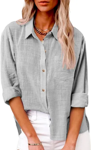 Women's Striped Button Up Blouse Trendy Business Tops Dressy Soft Cotton Linen Tops Casual Long Sleeve Tops Fall Shirt