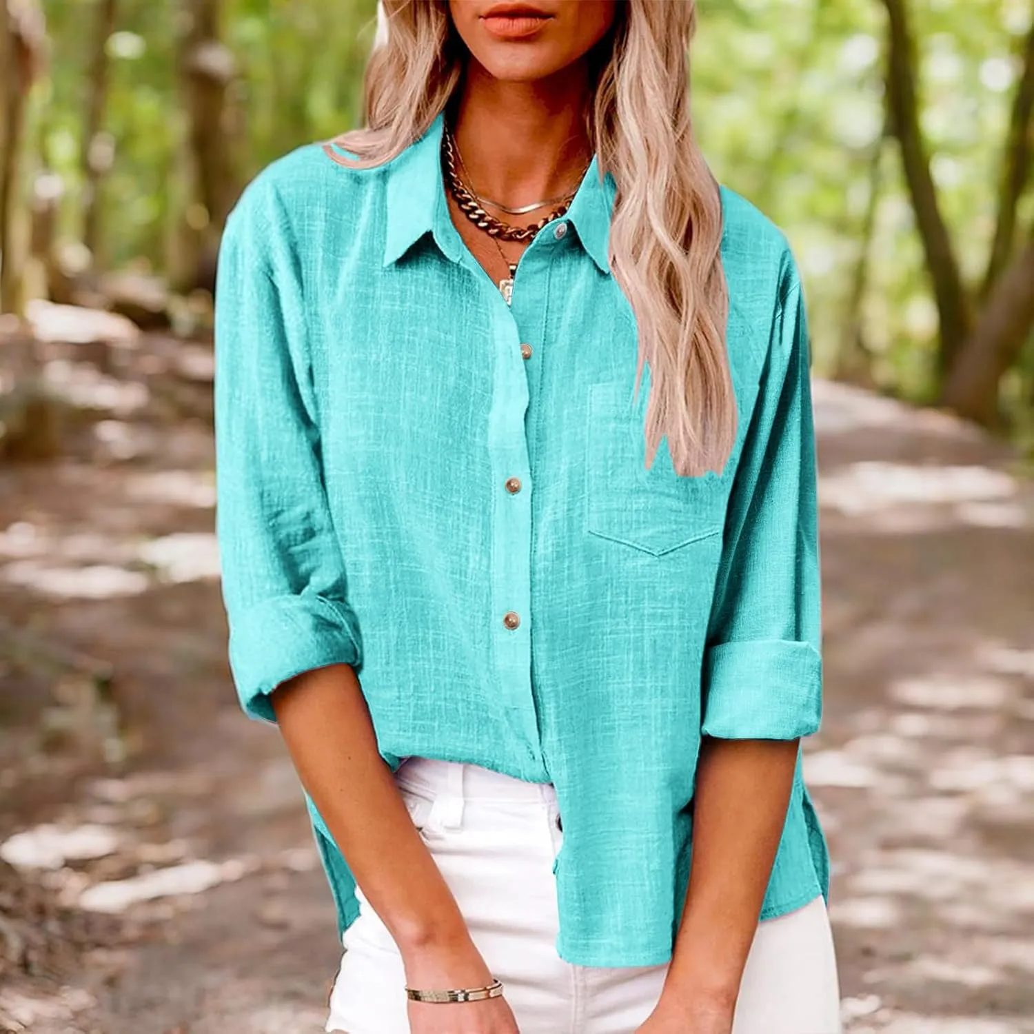 Women's Striped Button Up Blouse Trendy Business Tops Dressy Soft Cotton Linen Tops Casual Long Sleeve Tops Fall Shirt