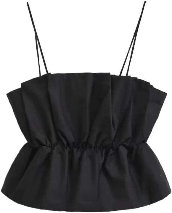 Women's Summer Camisole Vest with Ruffles Elastic Band Solid Color Short Sleeveless Tops