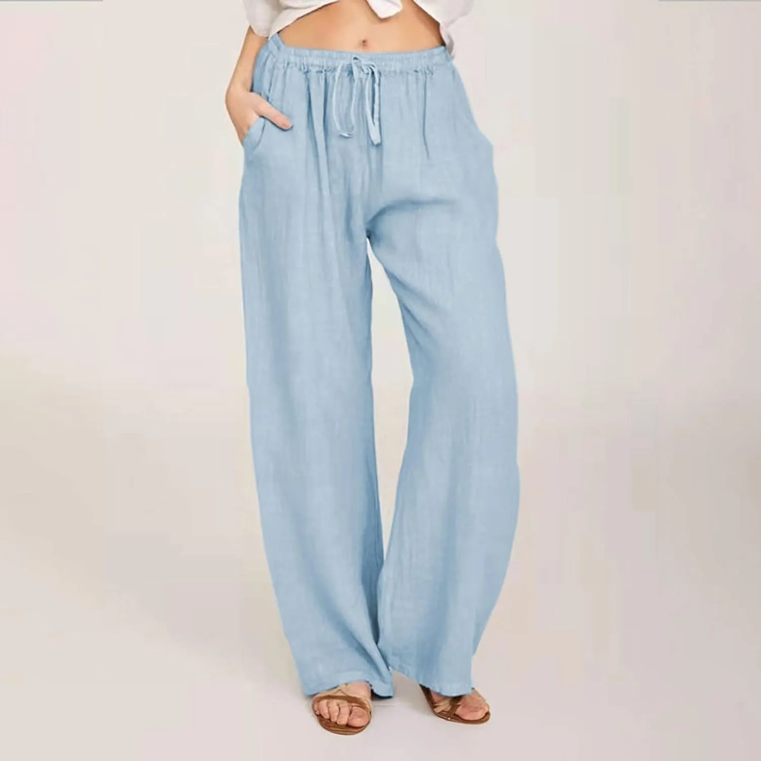 Womens Summer Cotton Linen Pants High Waist Casual Wide Leg Long Palazzo Pants Loose Boho Beach Trousers
