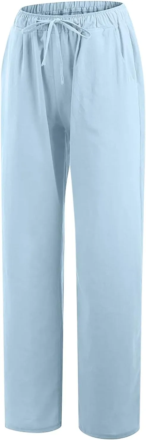 Womens Summer Cotton Linen Pants High Waist Casual Wide Leg Long Palazzo Pants Loose Boho Beach Trousers