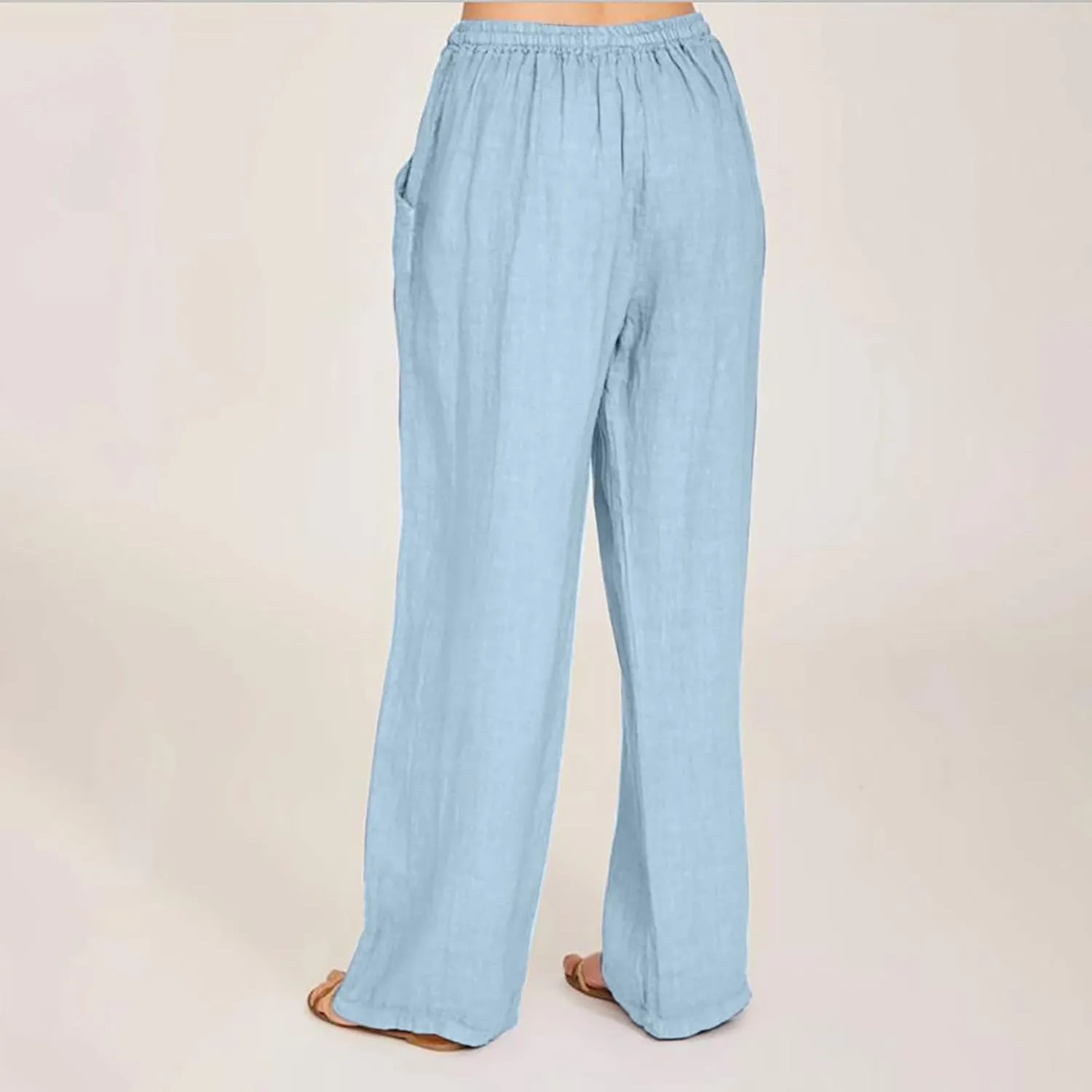 Womens Summer Cotton Linen Pants High Waist Casual Wide Leg Long Palazzo Pants Loose Boho Beach Trousers
