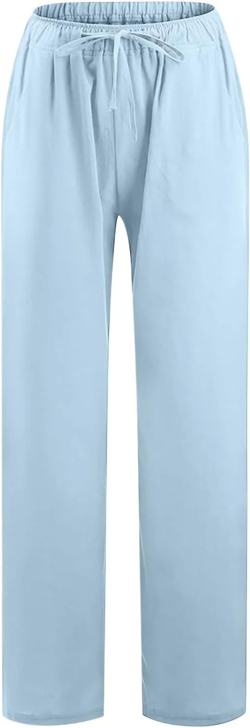 Womens Summer Cotton Linen Pants High Waist Casual Wide Leg Long Palazzo Pants Loose Boho Beach Trousers