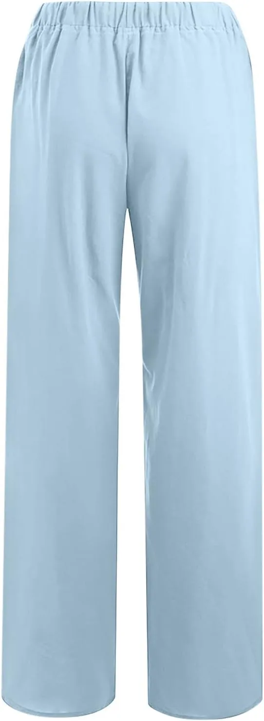 Womens Summer Cotton Linen Pants High Waist Casual Wide Leg Long Palazzo Pants Loose Boho Beach Trousers