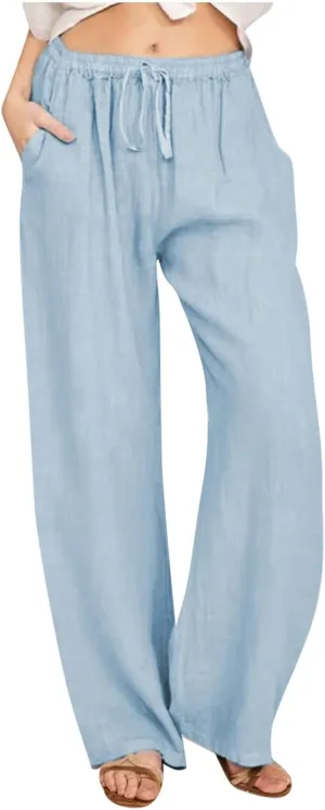 Womens Summer Cotton Linen Pants High Waist Casual Wide Leg Long Palazzo Pants Loose Boho Beach Trousers