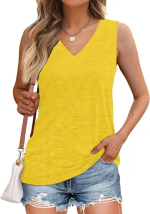 Womens Summer Deep V Neck Sleeveless Tank Top Curved Hem Casual Loose Fit Flowy Tank