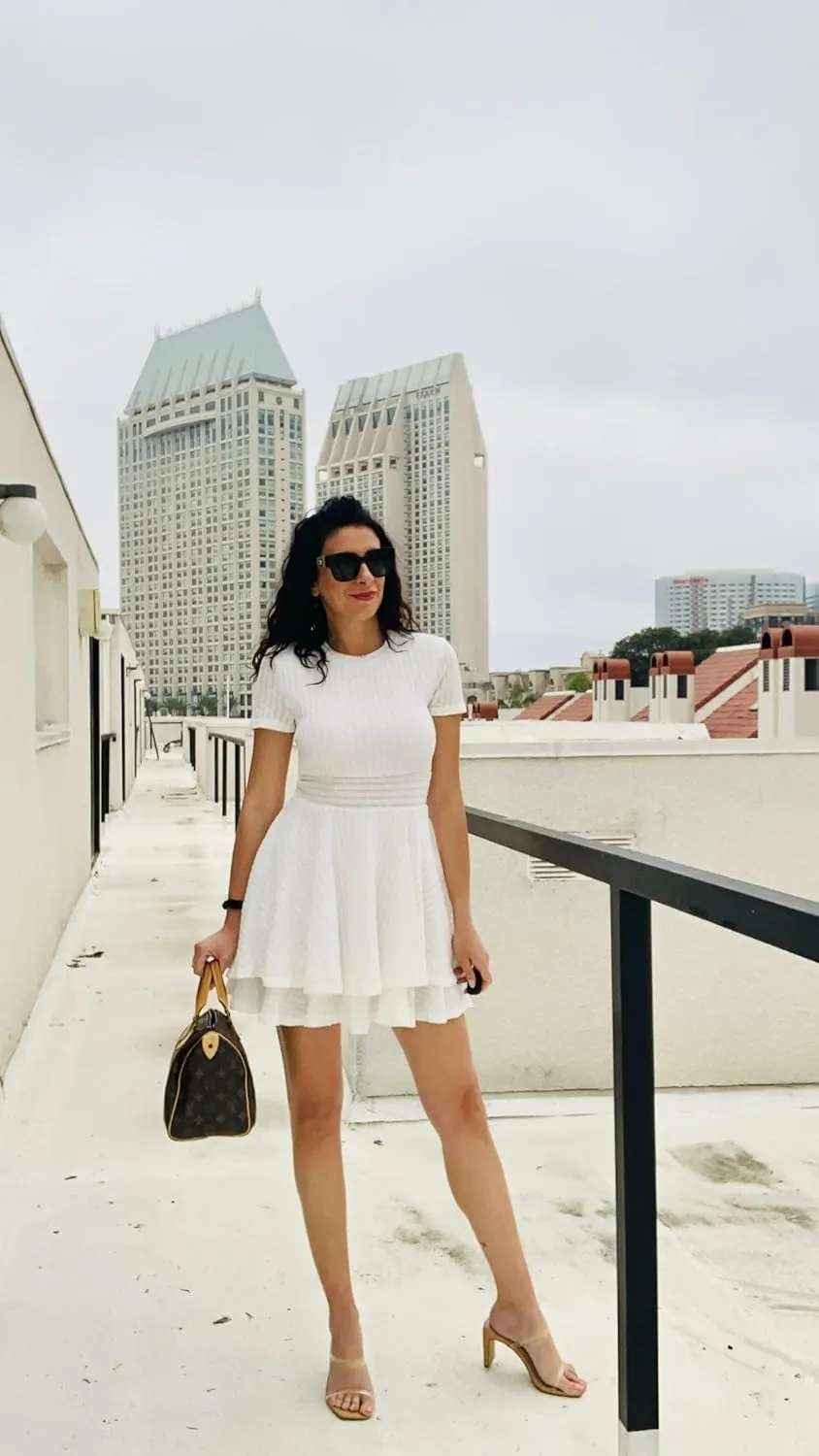 Womens Summer Mini Dresses Short Sleeve Casual Crewneck Knitted Crochet Flowy Tiered Sundress