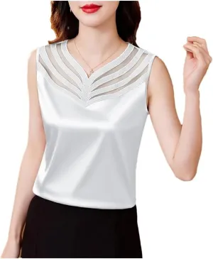 Women's Summer Satin Patchwork Lace Camisole V-Neck Sleeveless Tank Tops