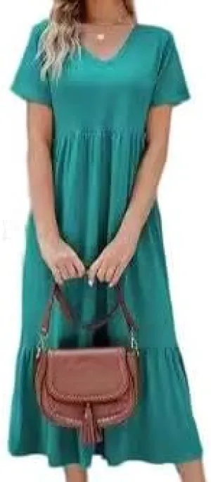 Women's Summer Short Sleeve V Neck Swing Dress Flowy Tiered Maxi Beach Sundress with Pockets