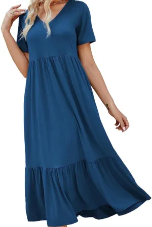 Women's Summer Short Sleeve V Neck Swing Dress Flowy Tiered Maxi Beach Sundress with Pockets