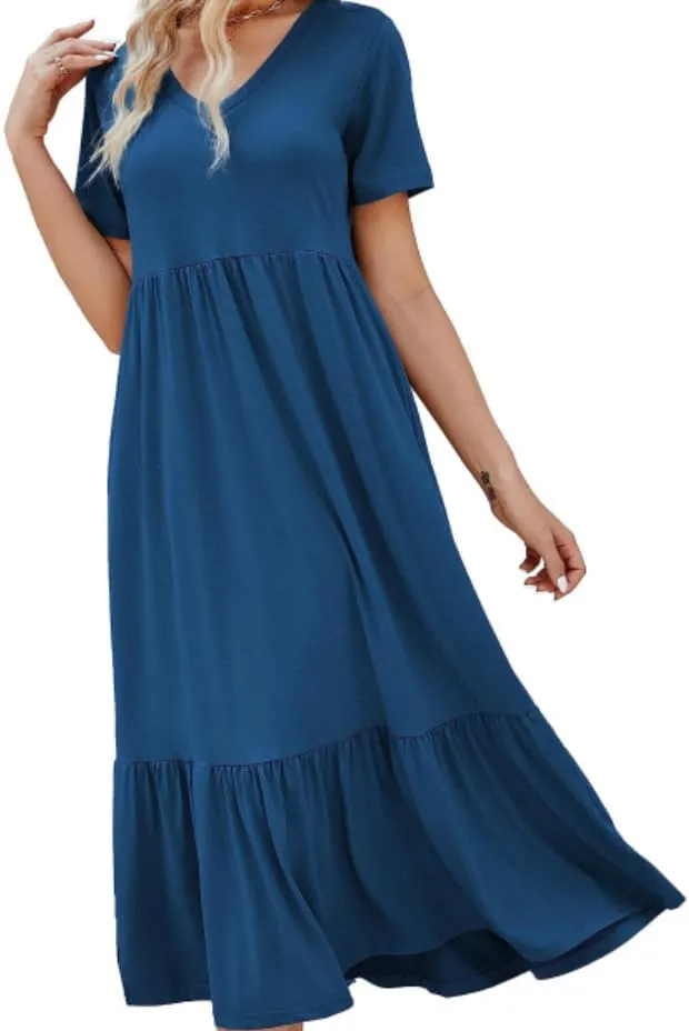 Women's Summer Short Sleeve V Neck Swing Dress Flowy Tiered Maxi Beach Sundress with Pockets