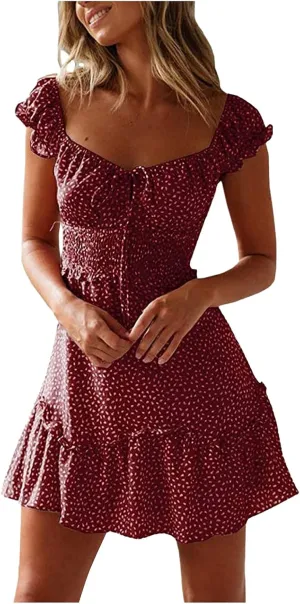 Womens Summer Sundress Casual Ruffle Sleeve Tie Front Mini Dress Sexy Short Dress Floral Boho Vacation Dresses