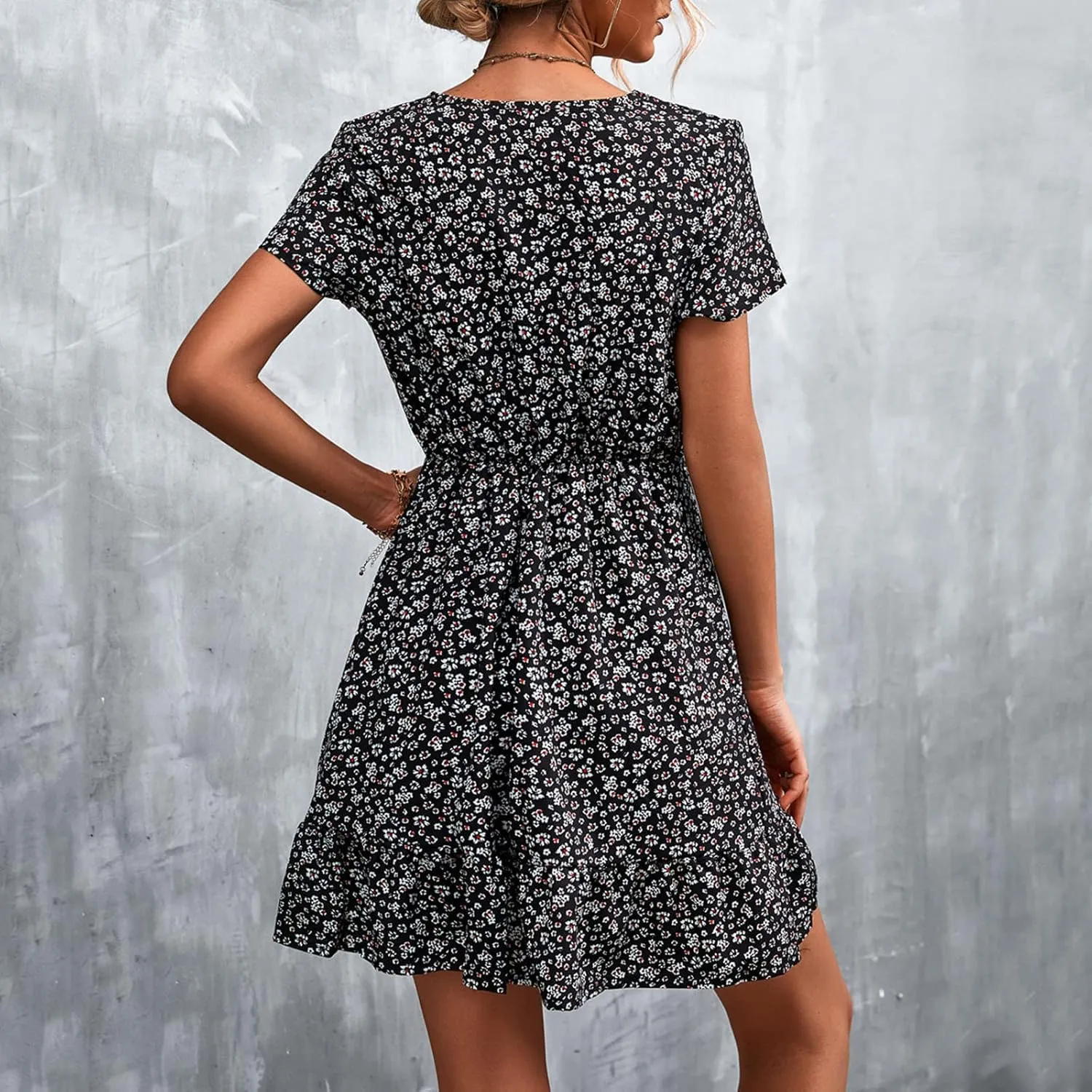 Womens Summer V Neck Bohemian Floral Print Mini Dress Short Sleeve Ruffle Beach Short Smart Dress for Women