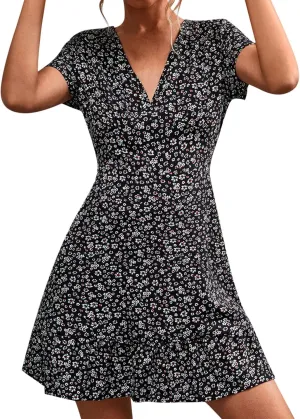 Womens Summer V Neck Bohemian Floral Print Mini Dress Short Sleeve Ruffle Beach Short Smart Dress for Women