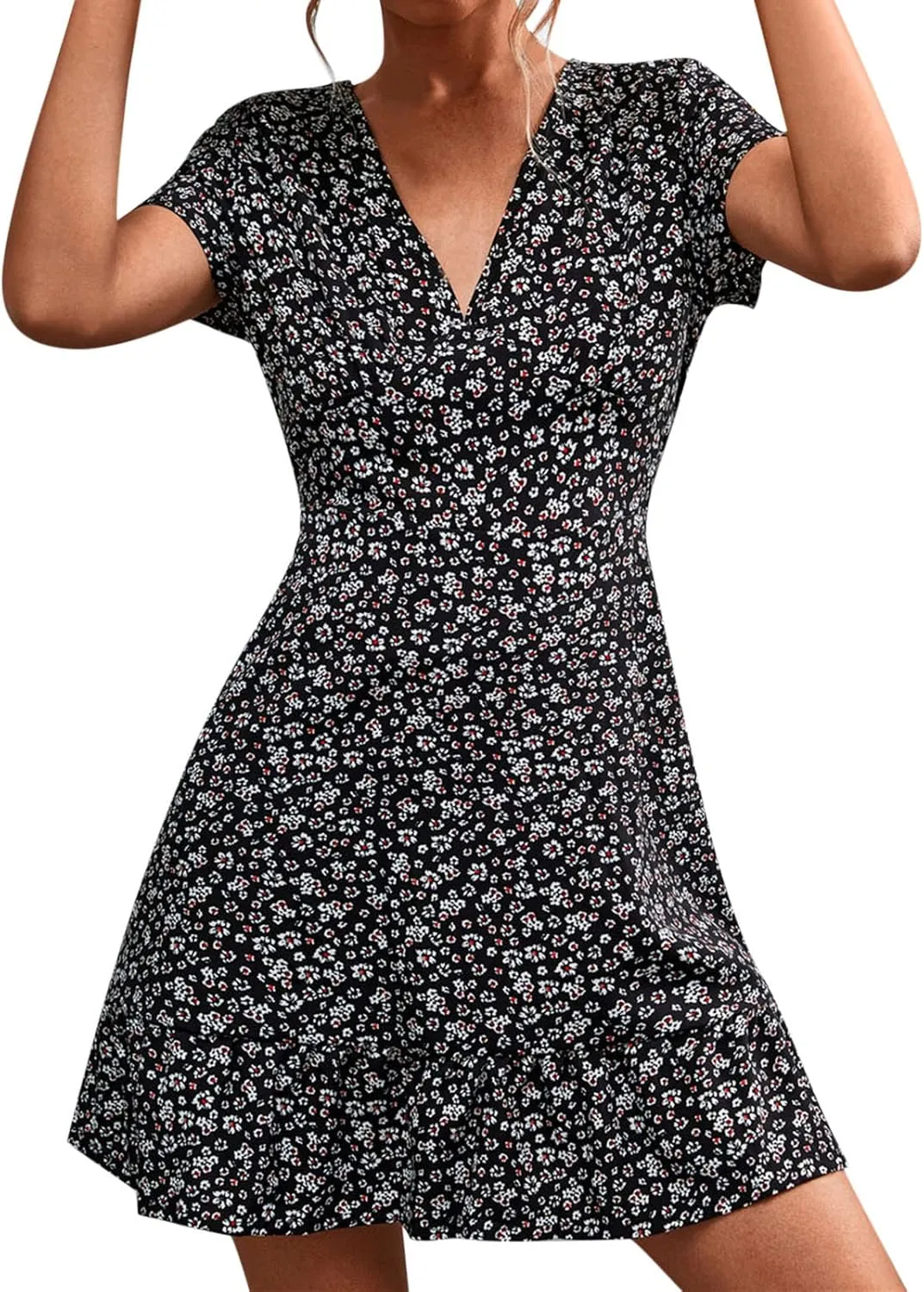 Womens Summer V Neck Bohemian Floral Print Mini Dress Short Sleeve Ruffle Beach Short Smart Dress for Women