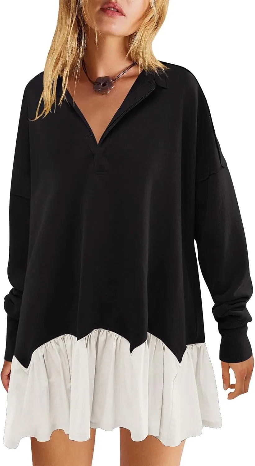 Womens Sweatshirt Dress Oversized Long Sleeve V Neck Button Pullover Tops Flowy Ruffle Patchwork Mini Dress