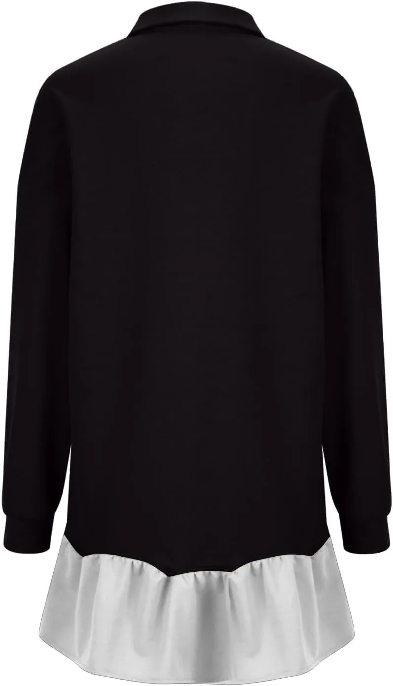 Womens Sweatshirt Dress Oversized Long Sleeve V Neck Button Pullover Tops Flowy Ruffle Patchwork Mini Dress