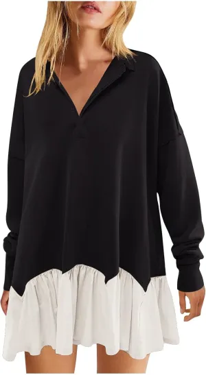 Womens Sweatshirt Dress Oversized Long Sleeve V Neck Button Pullover Tops Flowy Ruffle Patchwork Mini Dress