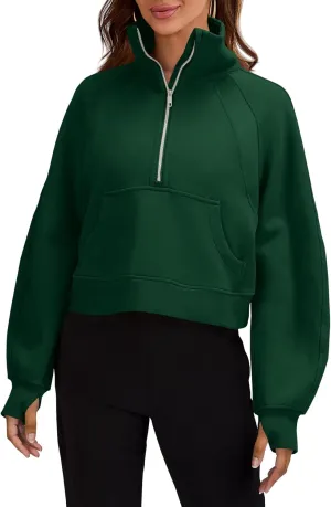 Womens Sweatshirts Half Zipper Crop Pullover Funnel Neck Fleece Lined Zip Up Long Sleeve Tops Thumb Hole
