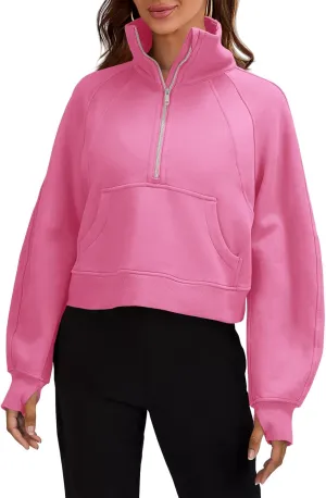 Womens Sweatshirts Half Zipper Crop Pullover Funnel Neck Fleece Lined Zip Up Long Sleeve Tops Thumb Hole