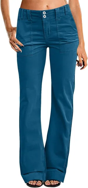 Womens Twill Wide Leg Pants Stretch Casual High Waisted Bootcut Chino Pants Baggy Flare Dress Pants with Pockets