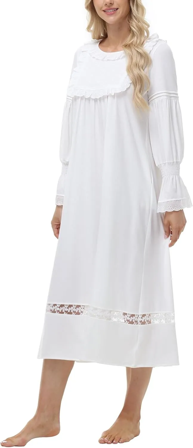 Women's Victorian Nightgowns Vintage Sleepshirts Lace Ruffle Princess Nightdress Long Sleeve Loungewear